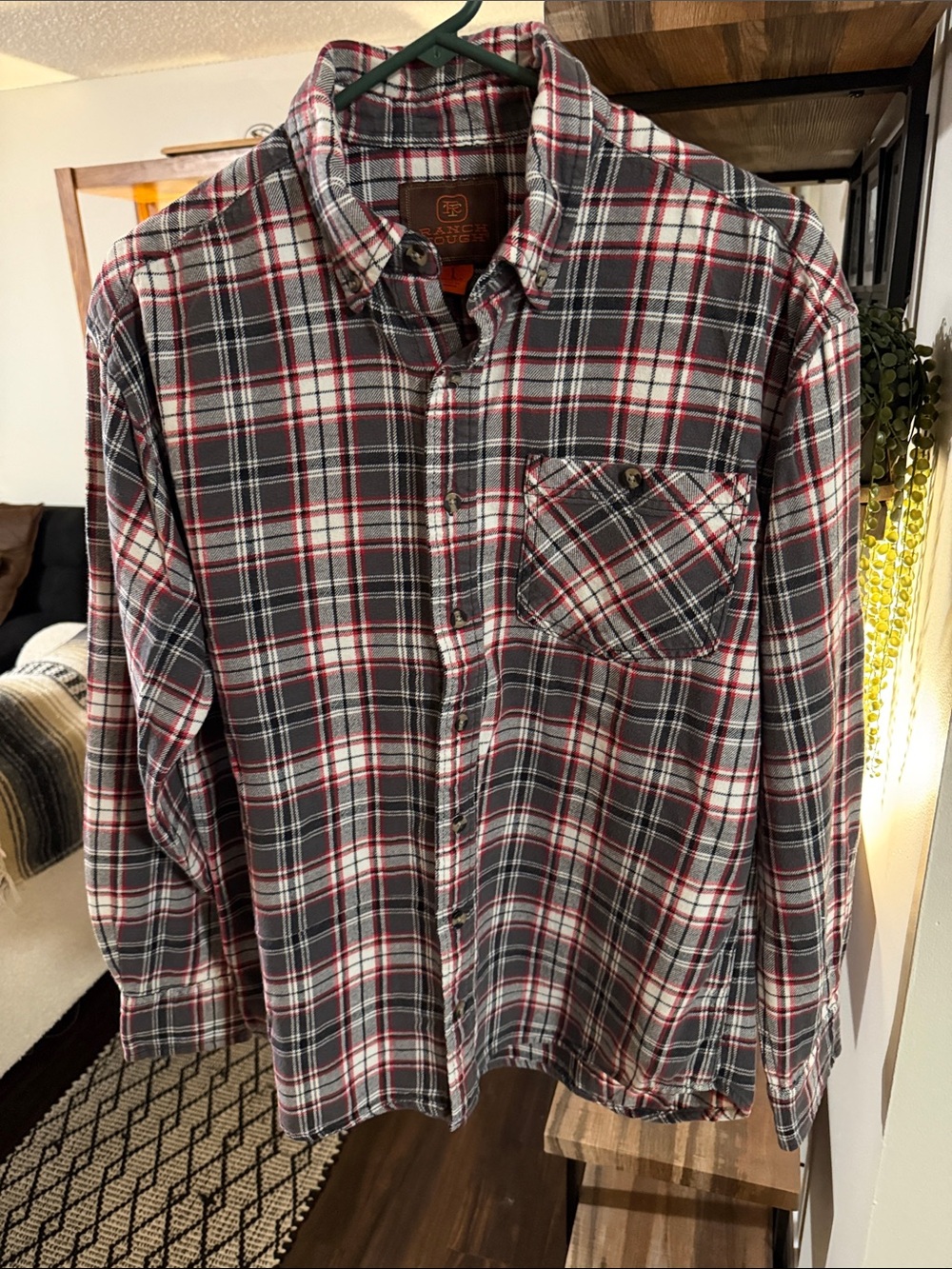 Men's Plaid Button-Down Shirt in Gray and Red